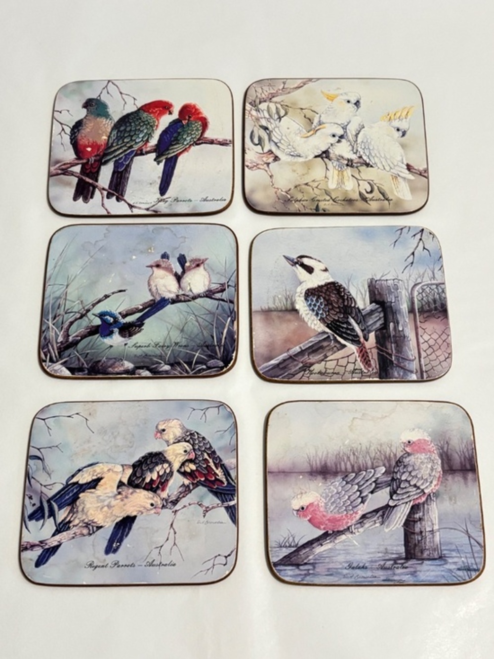 Vintage Dynasty coaster SET of SIX BROWNLIE BIRDS made in Australia cork backing